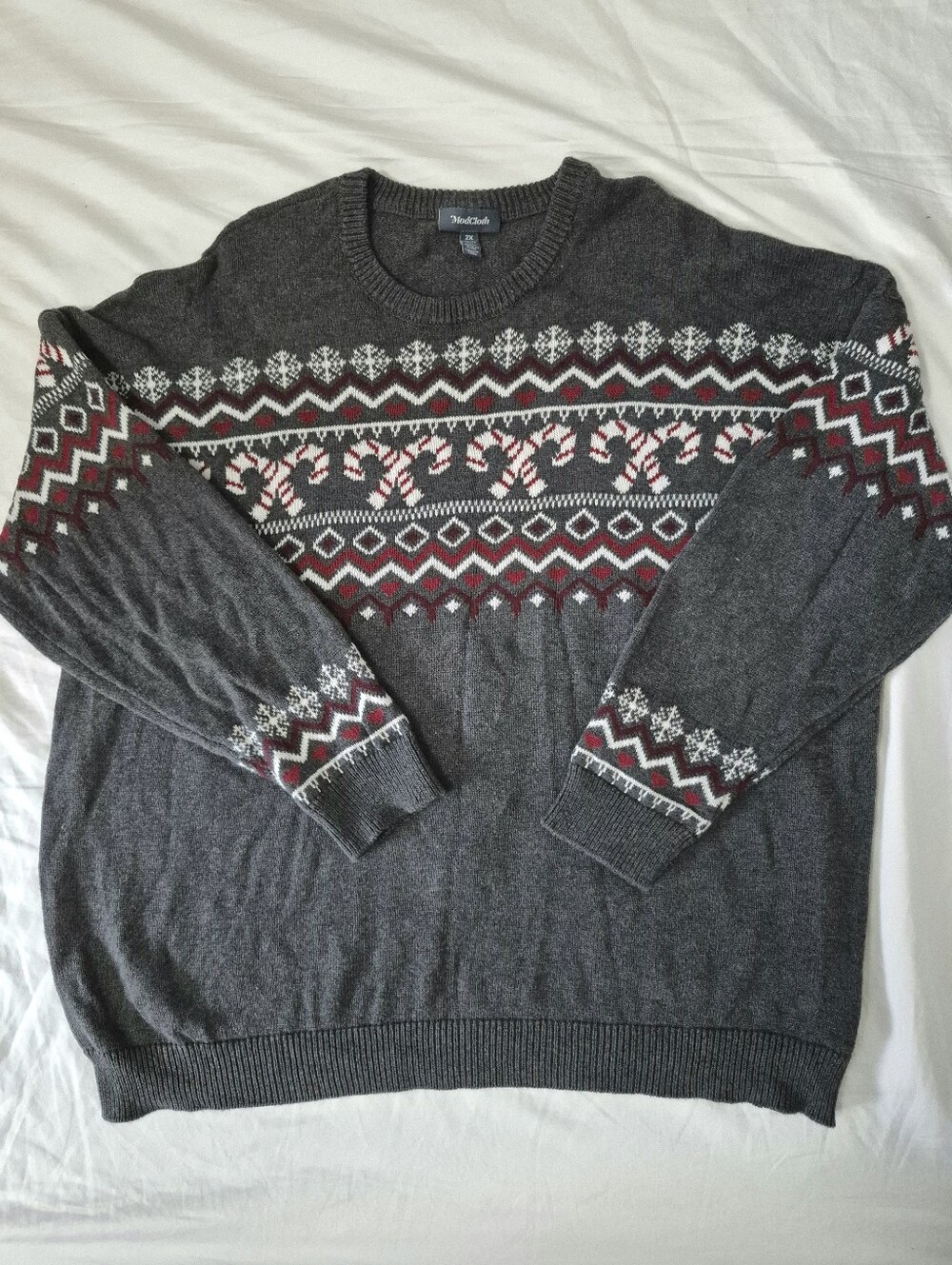 Modcloth Candy Cane And Hearts And Snowflake Grey Christmas Sweater 2X Cozy